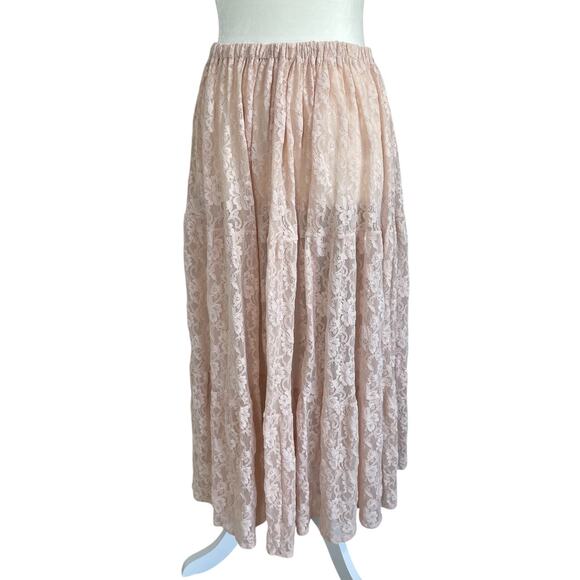 Vtg Cynthia San Fancisco Sheer Lace Tiered Skirt Blush Size Large Romantic Boho - Picture 3 of 9
